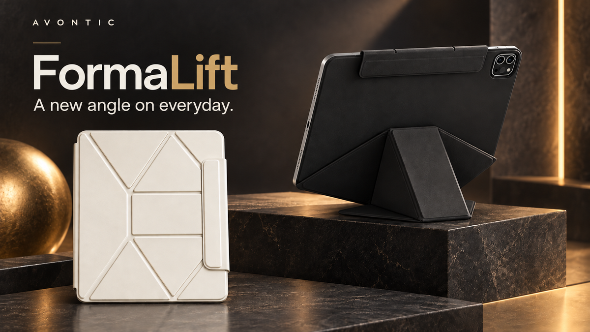 Avontic FormaLift Series — sculpted Black Studio stand and Cream White Elevate folio