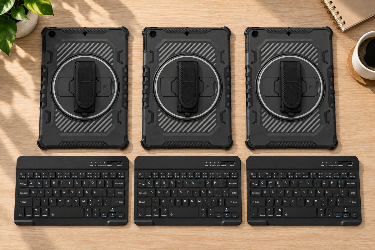 Three Galaxy PivotGrip cases and keyboards in a team workspace