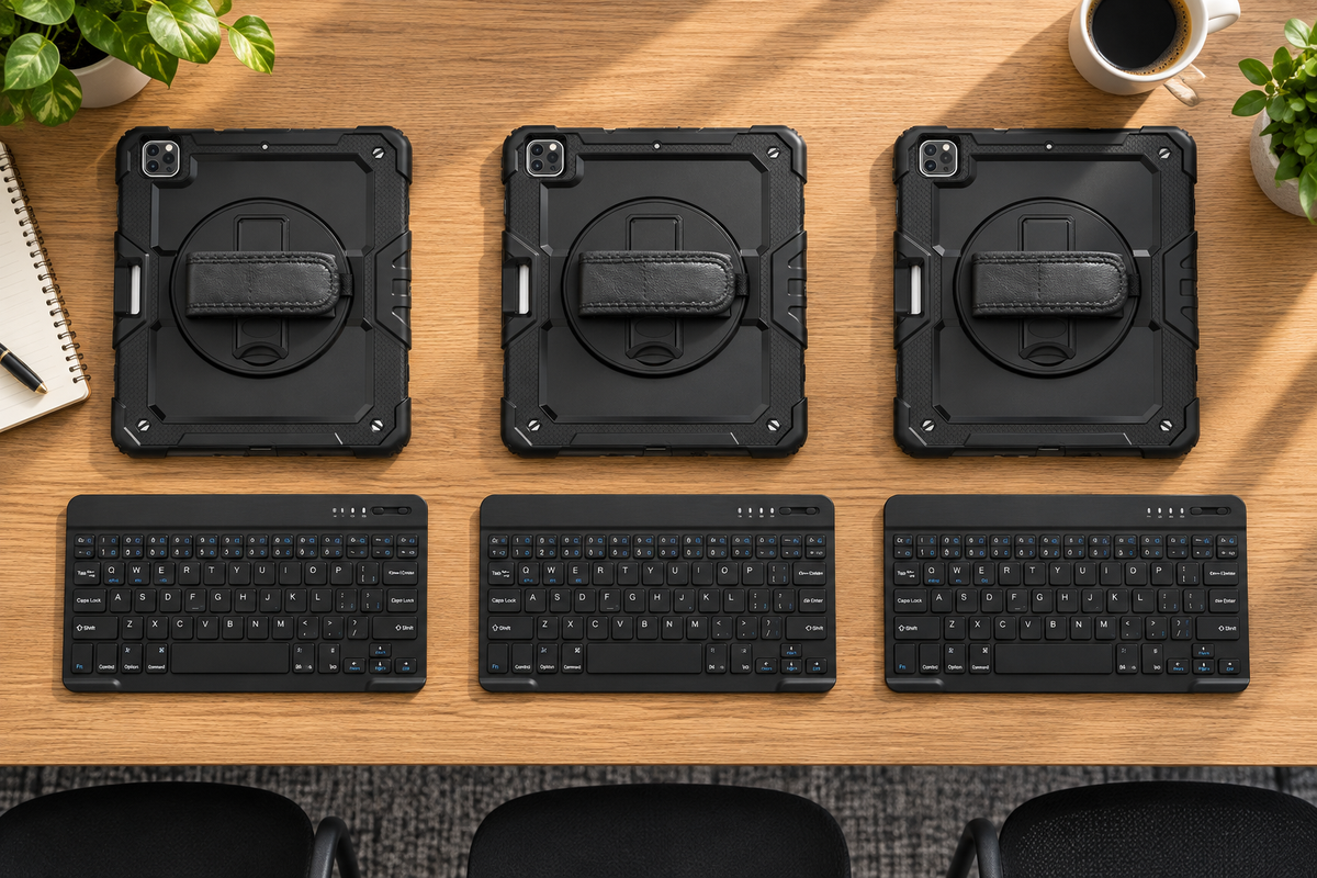 Three RhinoGuard Pro cases and keyboards in a team workspace
