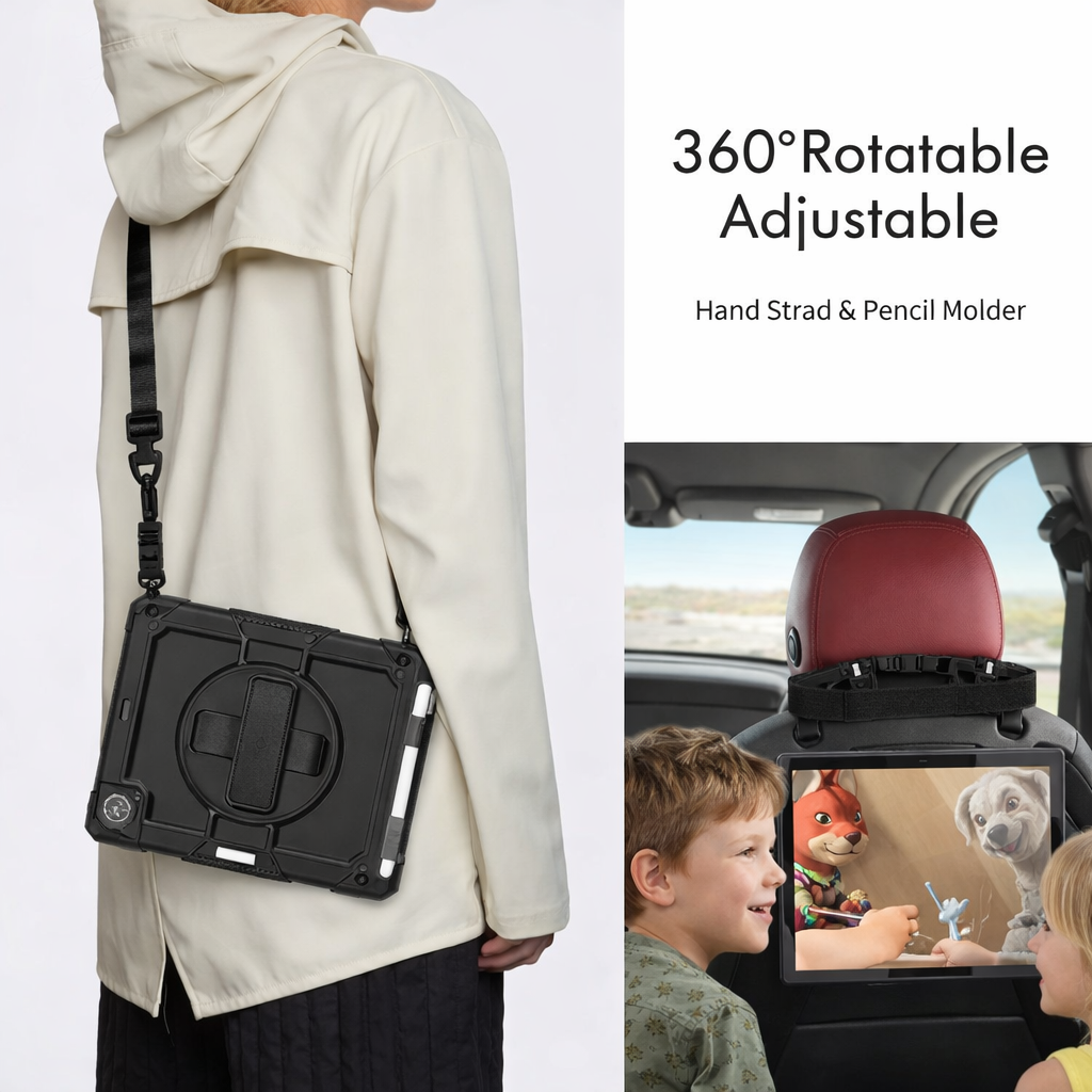 RhinoGuard Shockproof iPad Case with Stand, Hand Strap & Shoulder Strap – Military-Grade Protective Cover for iPad Pro, iPad Air & iPad (All Sizes)