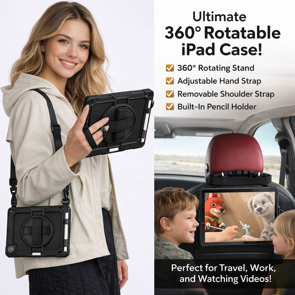 RhinoGuard Shockproof iPad Case with Stand, Hand Strap & Shoulder Strap – Military-Grade Protective Cover for iPad Pro, iPad Air & iPad (All Sizes)
