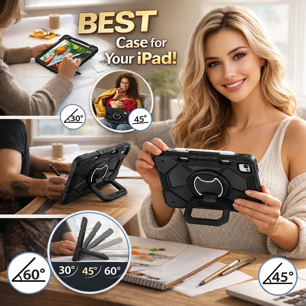 Shockproof Armor Stand Case with Kickstand & Hand Strap for iPad Mini, iPad Air & iPad Pro