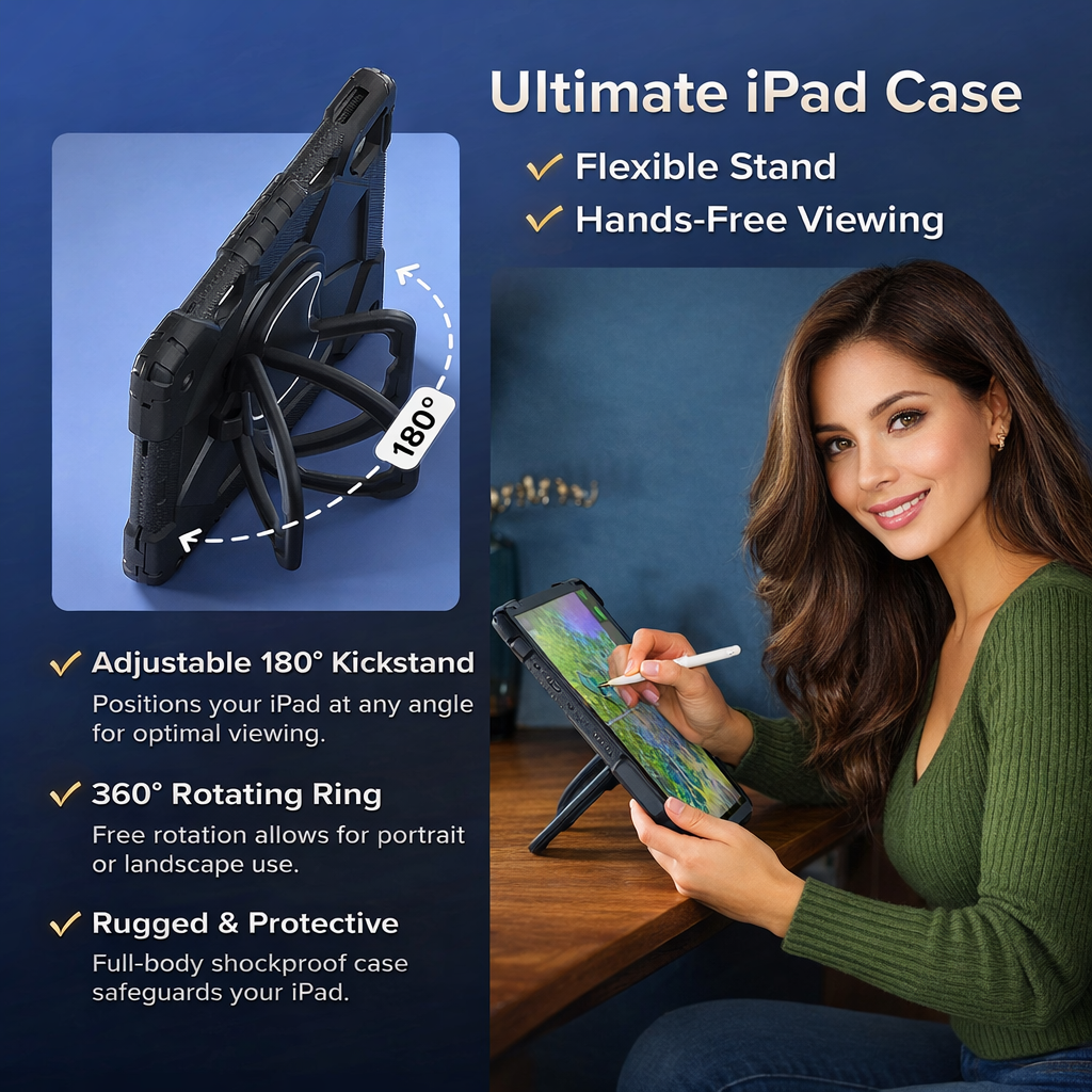 Shockproof Armor Stand Case with Kickstand & Hand Strap for iPad Mini, iPad Air & iPad Pro