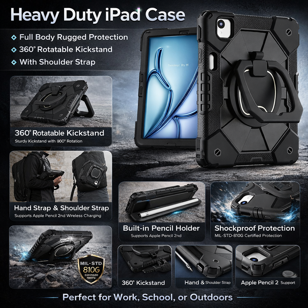 Shockproof Armor Stand Case with Kickstand & Hand Strap for iPad Mini, iPad Air & iPad Pro