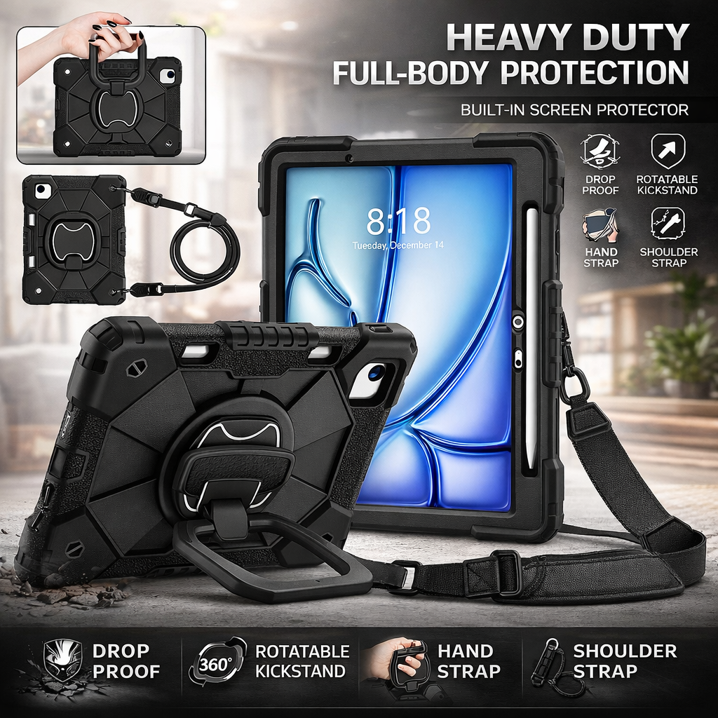Shockproof Armor Stand Case with Kickstand & Hand Strap for iPad Mini, iPad Air & iPad Pro