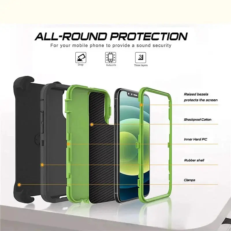 3 in 1 Heavy Duty Defender Armor Case for iPhone 16 15 14 13 12 11 Pro Max XR XS Max Shockproof Rugged Case with Back Belt Clip Avontic