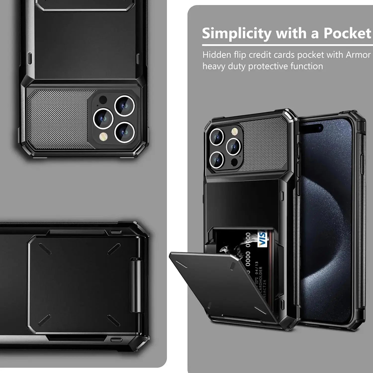 Heavy Duty Card Holder Case with Flip Wallet for iPhone 16, 16 Pro Max & Previous Models – Hidden Slot & Protective Hard Back Cover — product view 12