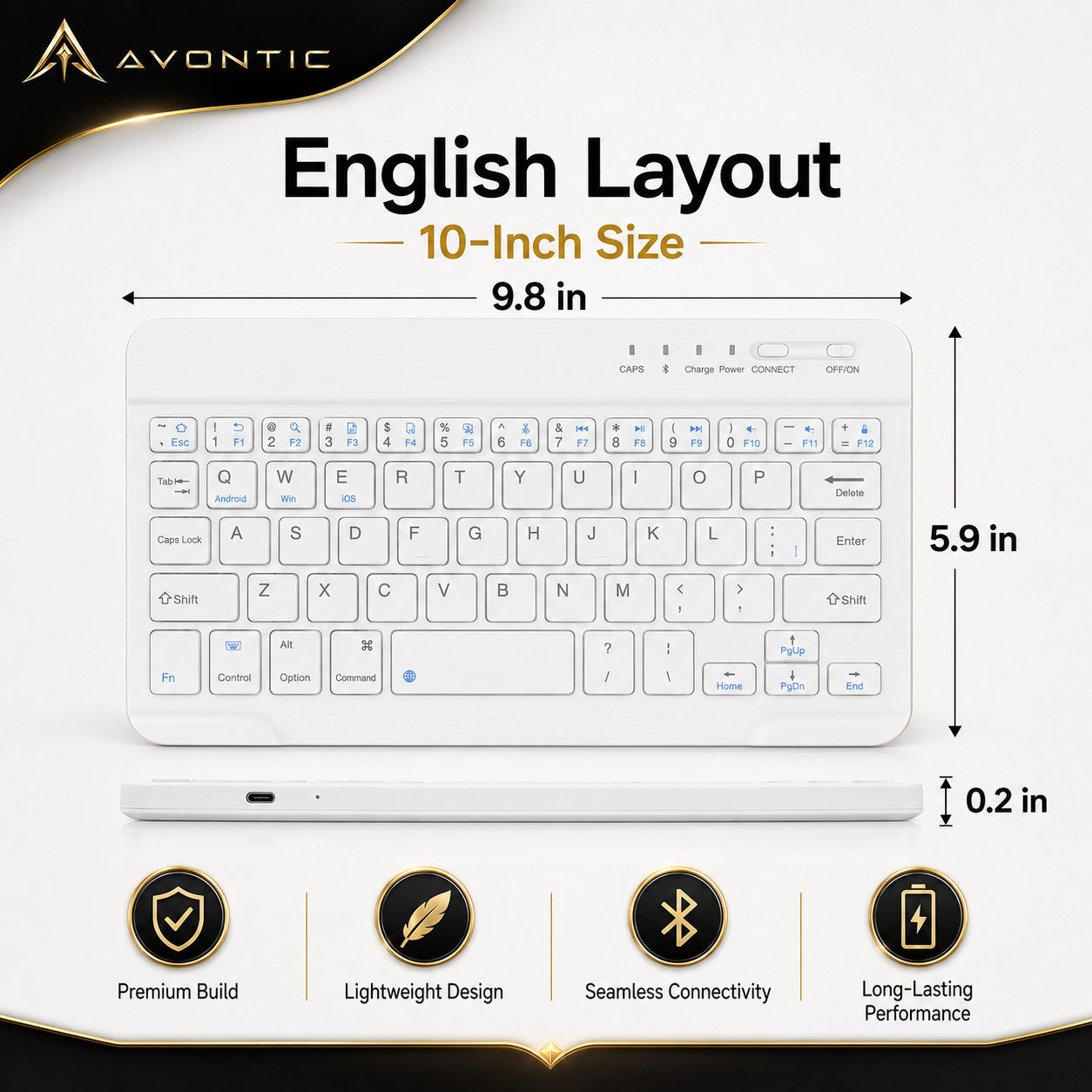 Avontic RhinoKeys Pro Slim Wireless Keyboard for iPad & Tablets