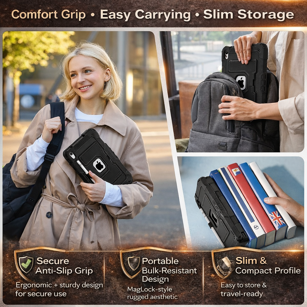 RhinoGuard Tactical 360 Heavy Duty iPad Case with Kickstand, Hand Strap & Shoulder Strap