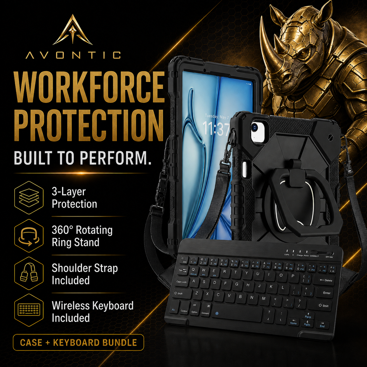 RhinoGuard ArmorPro WorkForce 360 iPad case and RhinoKeys Pro Black 10-inch wireless keyboard bundle with rotating ring stand