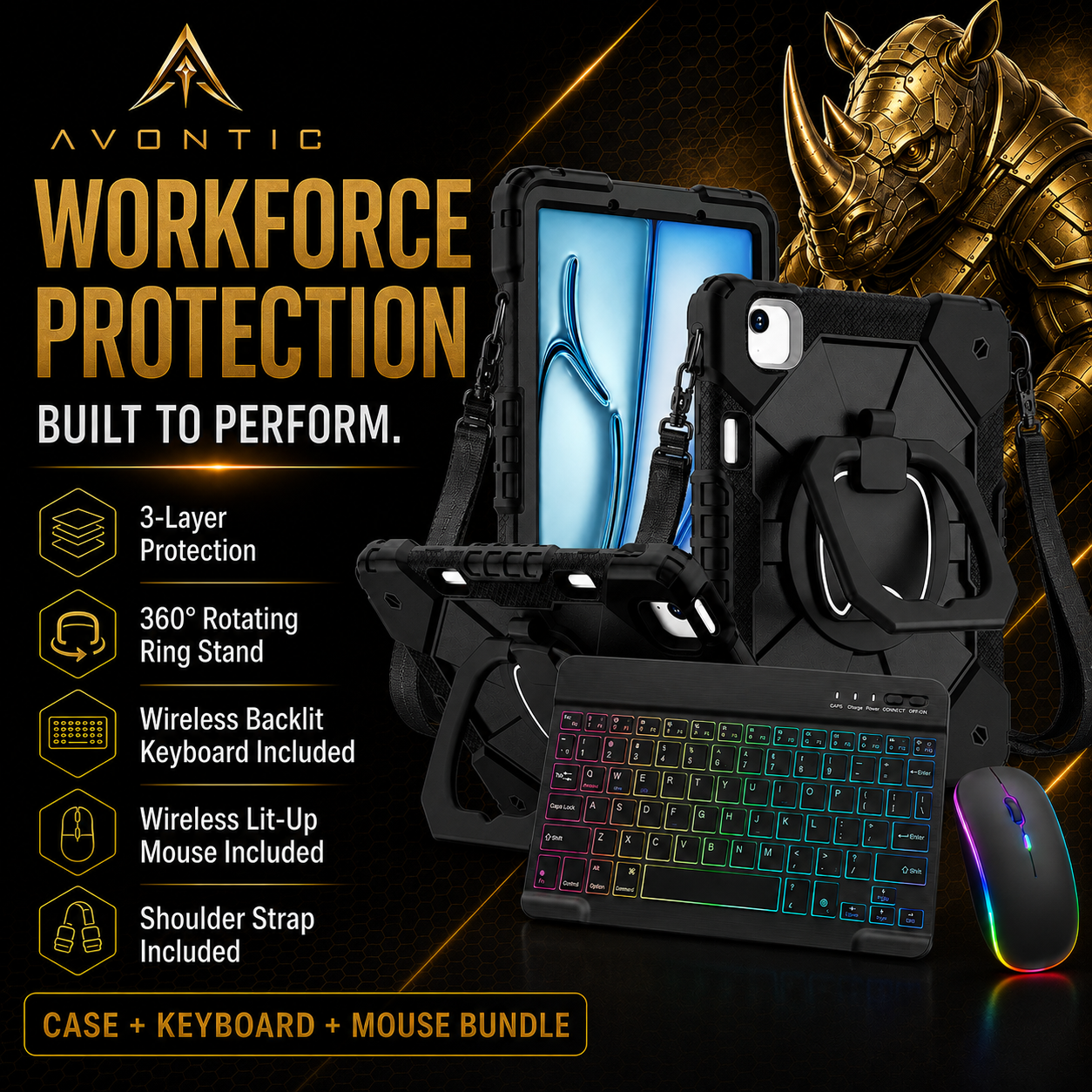 RhinoGuard ArmorPro WorkForce Elite — iPad Case + Backlit Keyboard & Wireless Mouse Bundle