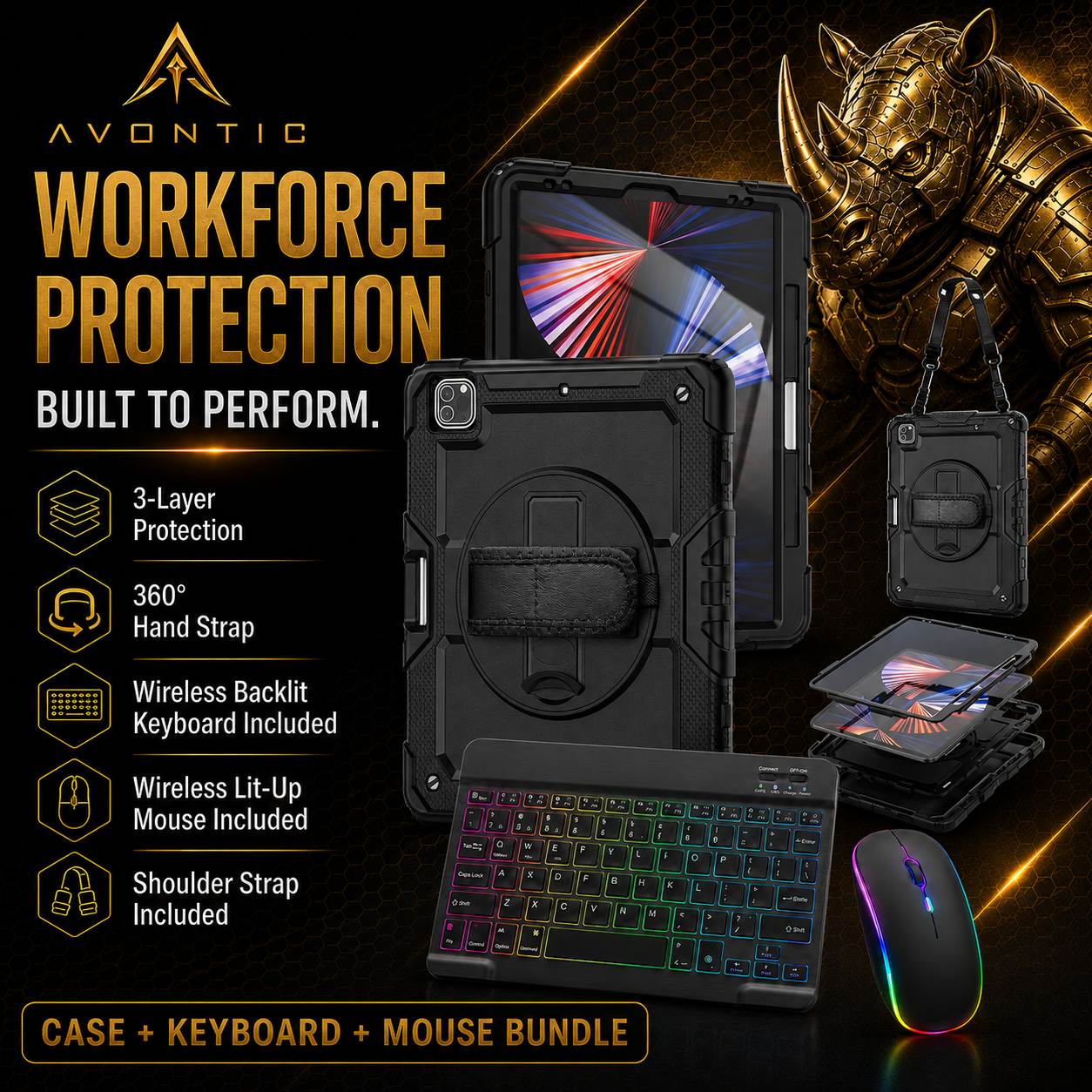 RhinoGuard Pro WorkForce Elite — iPad Case + Backlit Keyboard & Wireless Mouse Bundle