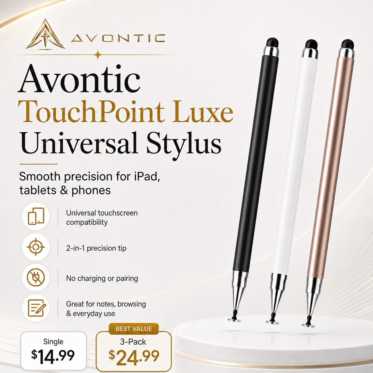 Avontic TouchPoint Luxe 2-in-1 Universal Stylus — iPad, Tablet & Phone