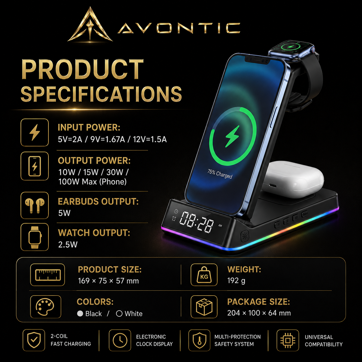 Avontic 5-in-1 Wireless Charging Station with Alarm Clock — product view 2