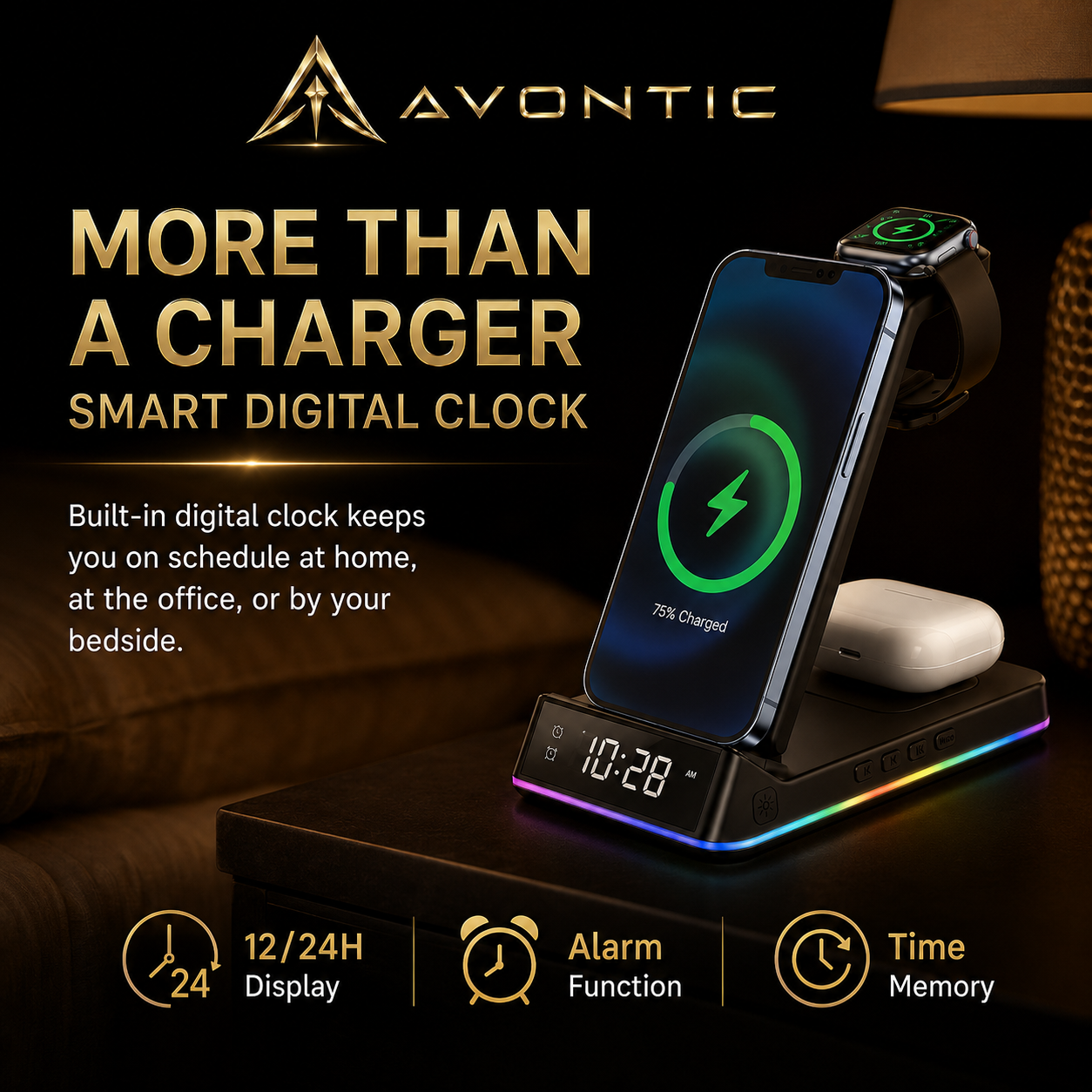 Avontic 5-in-1 Wireless Charging Station with Alarm Clock — product view 5