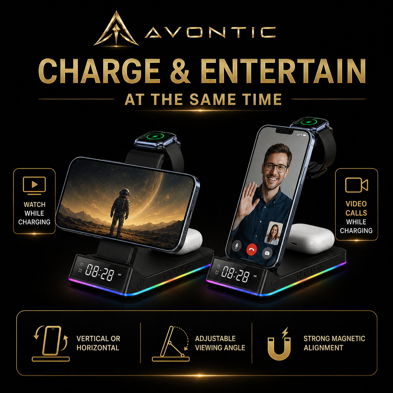 Avontic 5-in-1 Wireless Charging Station with Alarm Clock — product view 6