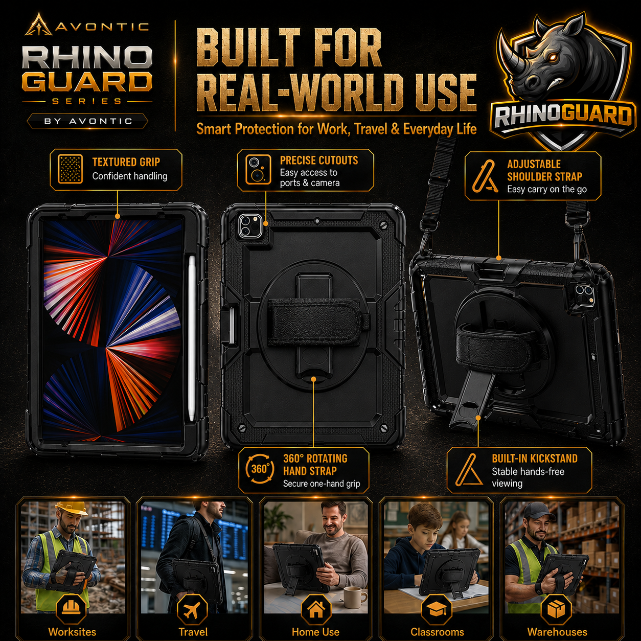 RhinoGuard Pro Rugged iPad Case with Hand Strap, Shoulder Strap & Kickstand