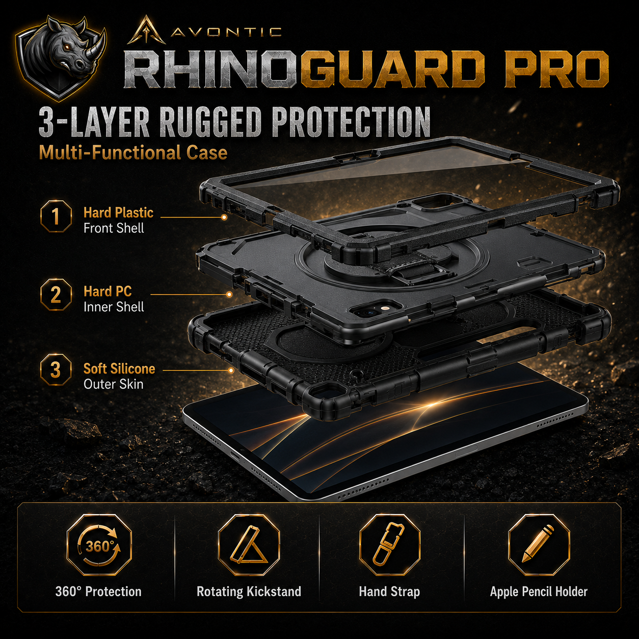 RhinoGuard Pro Rugged iPad Case with Hand Strap, Shoulder Strap & Kickstand