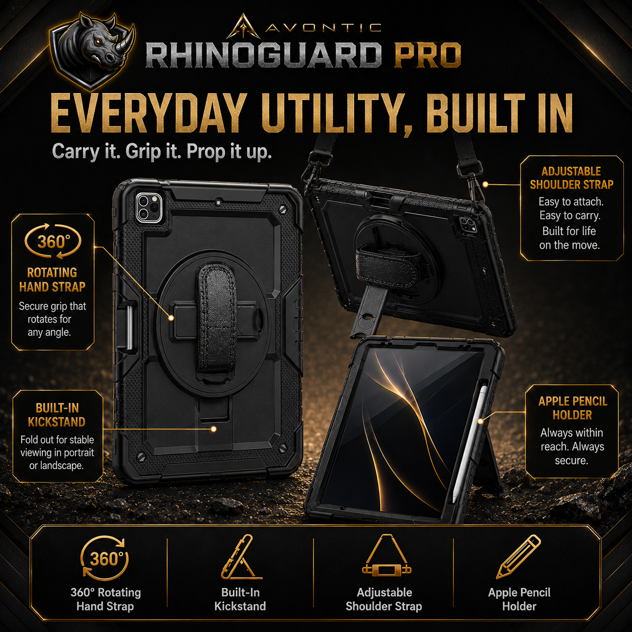 RhinoGuard Pro iPad case with 360 rotating hand strap for secure everyday grip