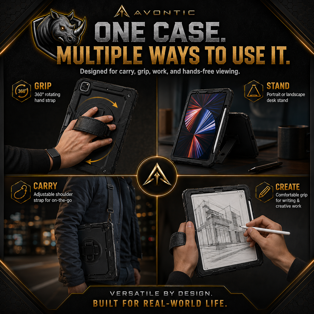 RhinoGuard Pro iPad case with built-in kickstand for hands-free viewing, work, school, and travel