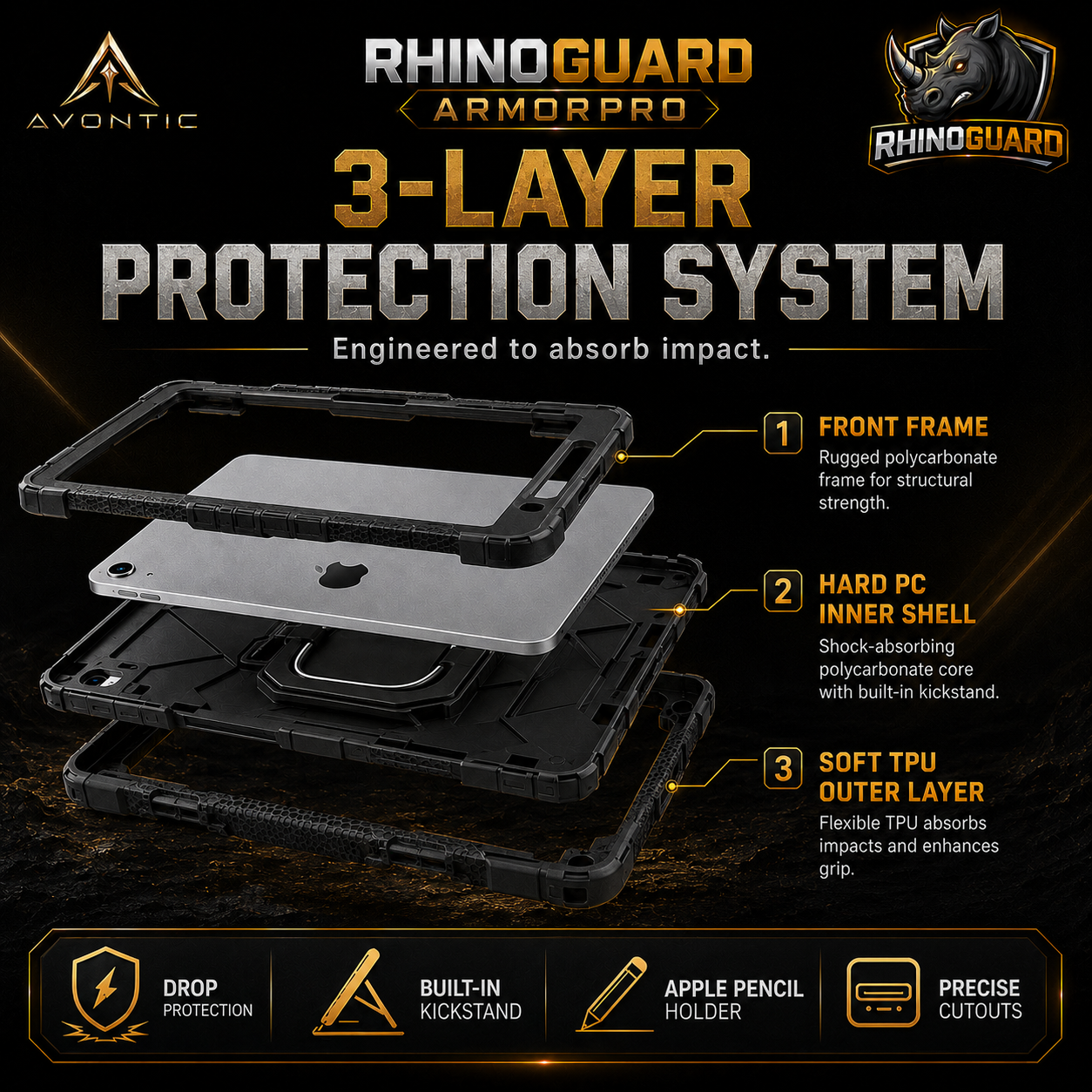 RhinoGuard ArmorPro Rugged iPad Case with Kickstand, Hand Strap & Shoulder Strap — product view 3