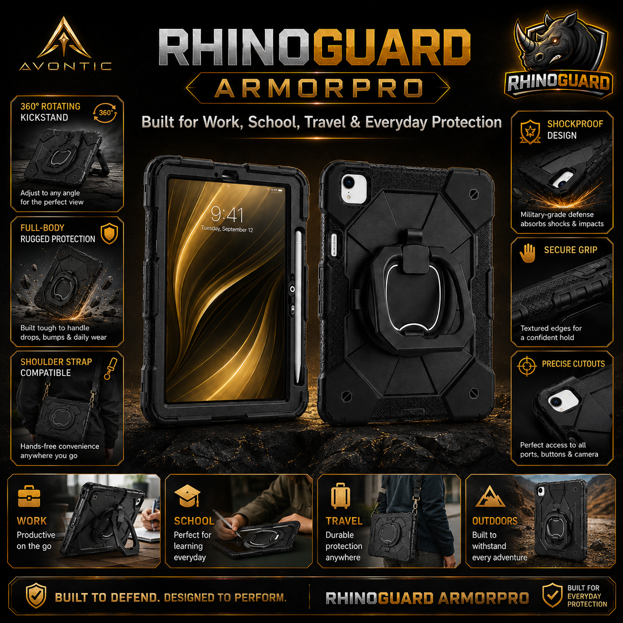 RhinoGuard ArmorPro Rugged iPad Case with Kickstand, Hand Strap & Shoulder Strap — product view 2