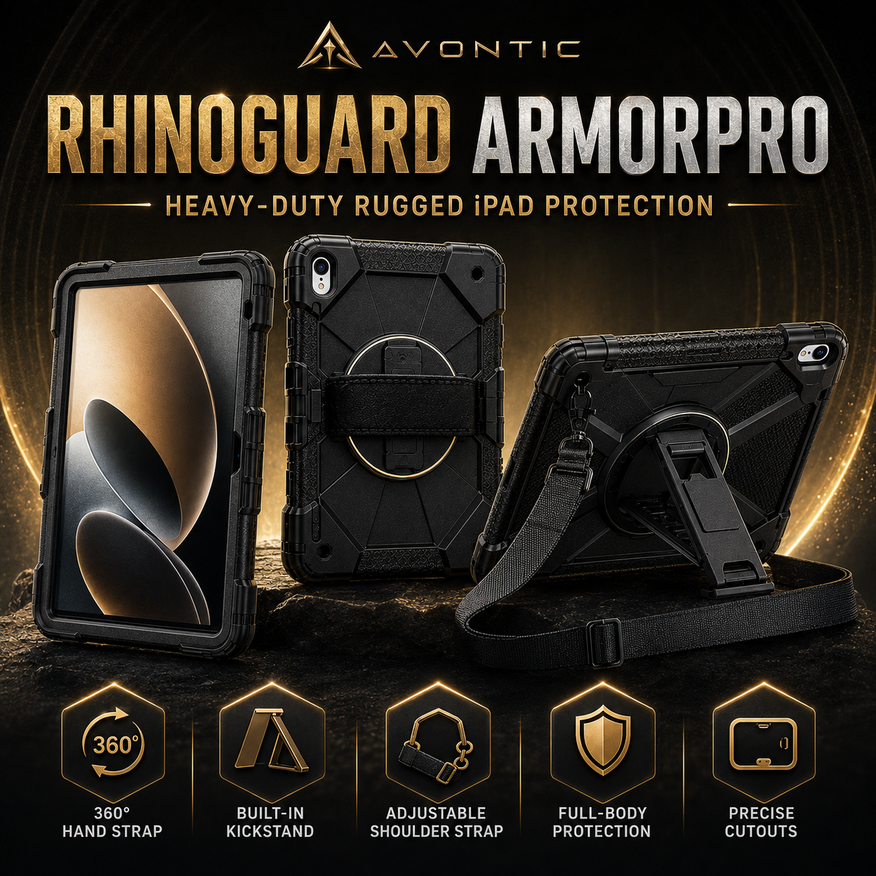 RhinoGuard Sentinel 360 Rugged iPad Case with Kickstand & Hand Strap — product view 1