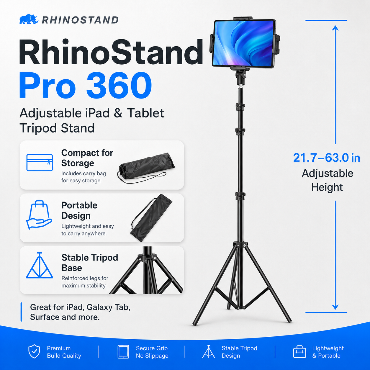 RhinoStand Pro 360 Adjustable iPad & Tablet Tripod Stand