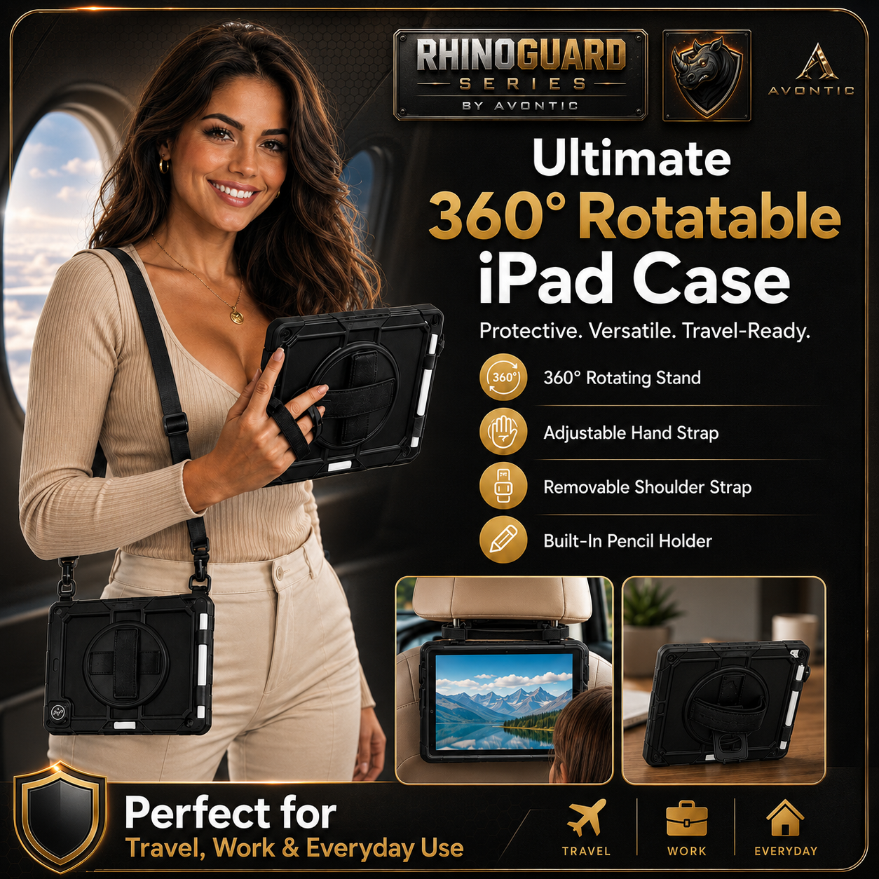 RhinoGuard Pro Rugged iPad Case with Hand Strap, Shoulder Strap & Kickstand