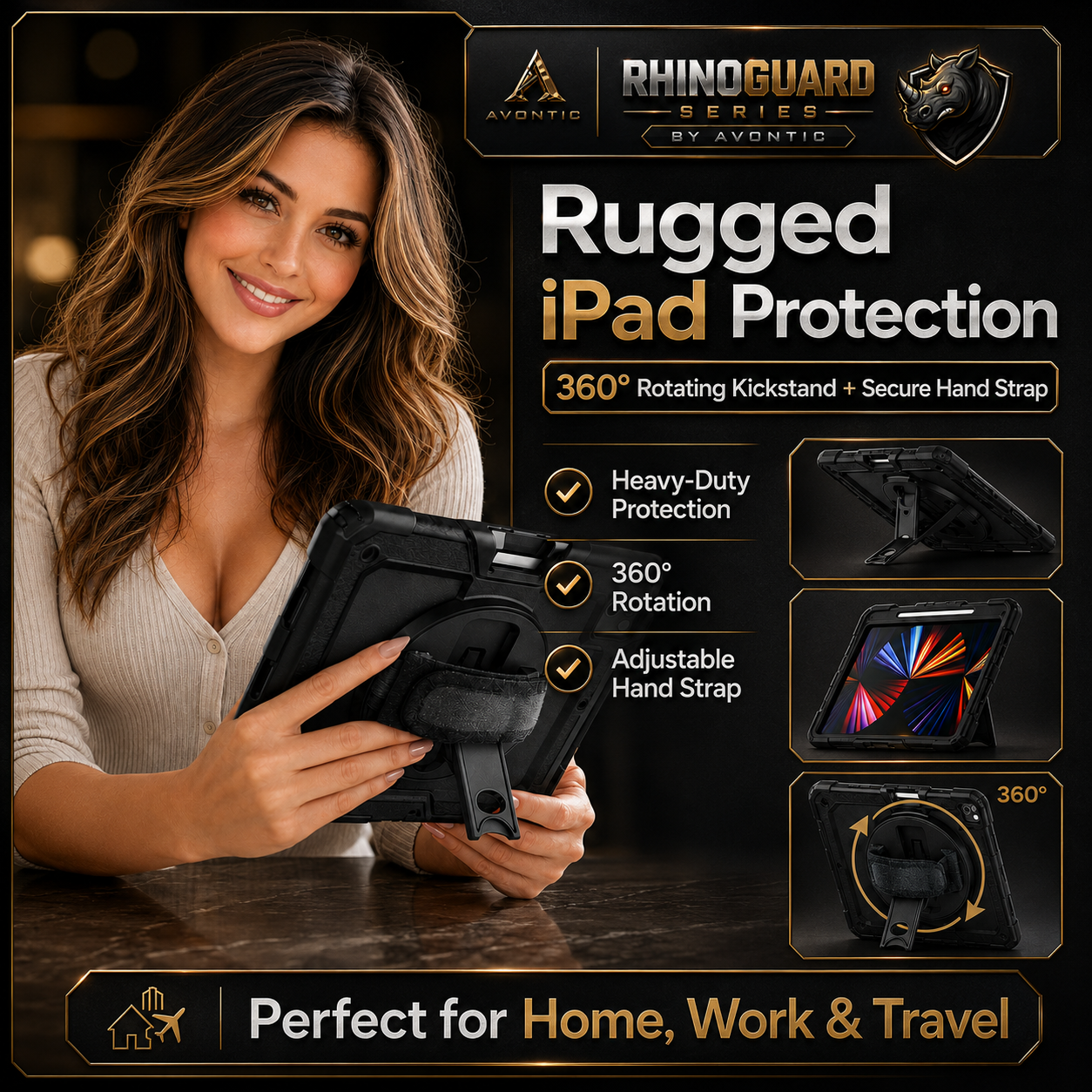 RhinoGuard Pro Rugged iPad Case with Hand Strap, Shoulder Strap & Kickstand