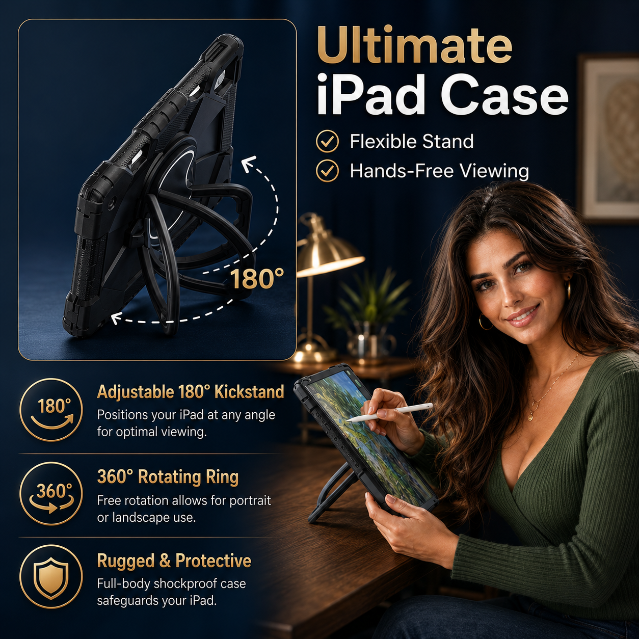 RhinoGuard ArmorPro Rugged iPad Case with Kickstand & Hand Strap