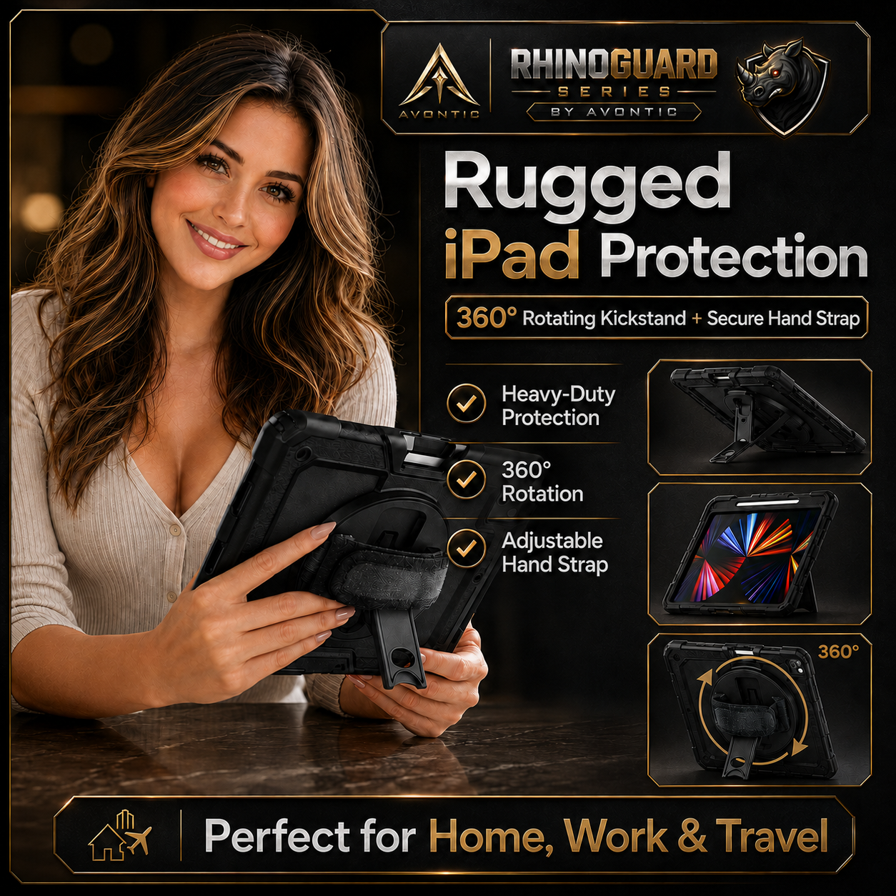 RhinoGuard Pro Rugged iPad Case with Hand Strap, Shoulder Strap & Kickstand