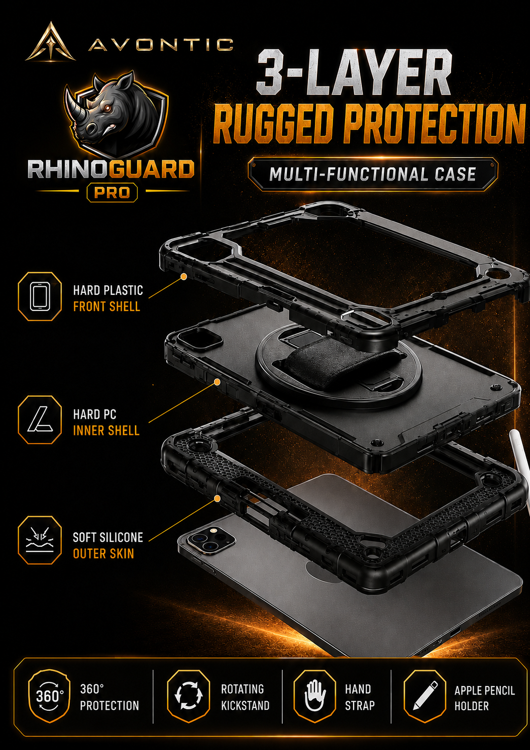RhinoGuard Pro Rugged iPad Case with Hand Strap, Shoulder Strap & Kickstand
