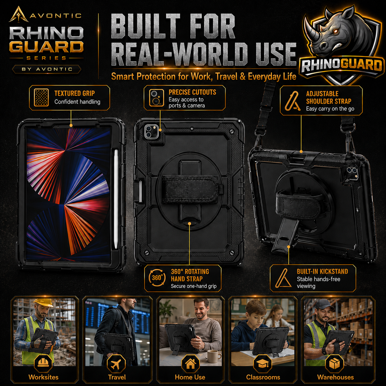 RhinoGuard Pro Rugged iPad Case with Hand Strap, Shoulder Strap & Kickstand