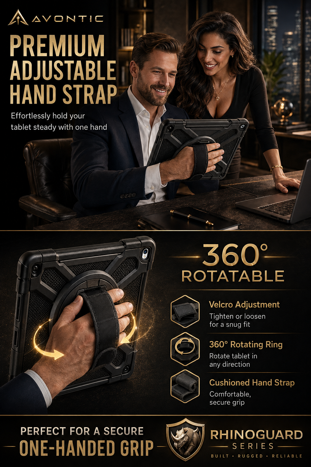 RhinoGuard Sentinel 360 Rugged iPad Case with Kickstand & Hand Strap