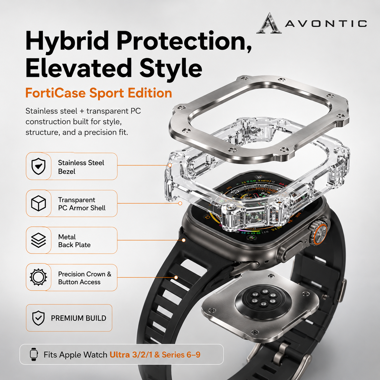 FortiCase Sport Edition — Stainless Steel Armor Kit for Apple Watch Ultra 3, 2 & 1 & Series 6–9