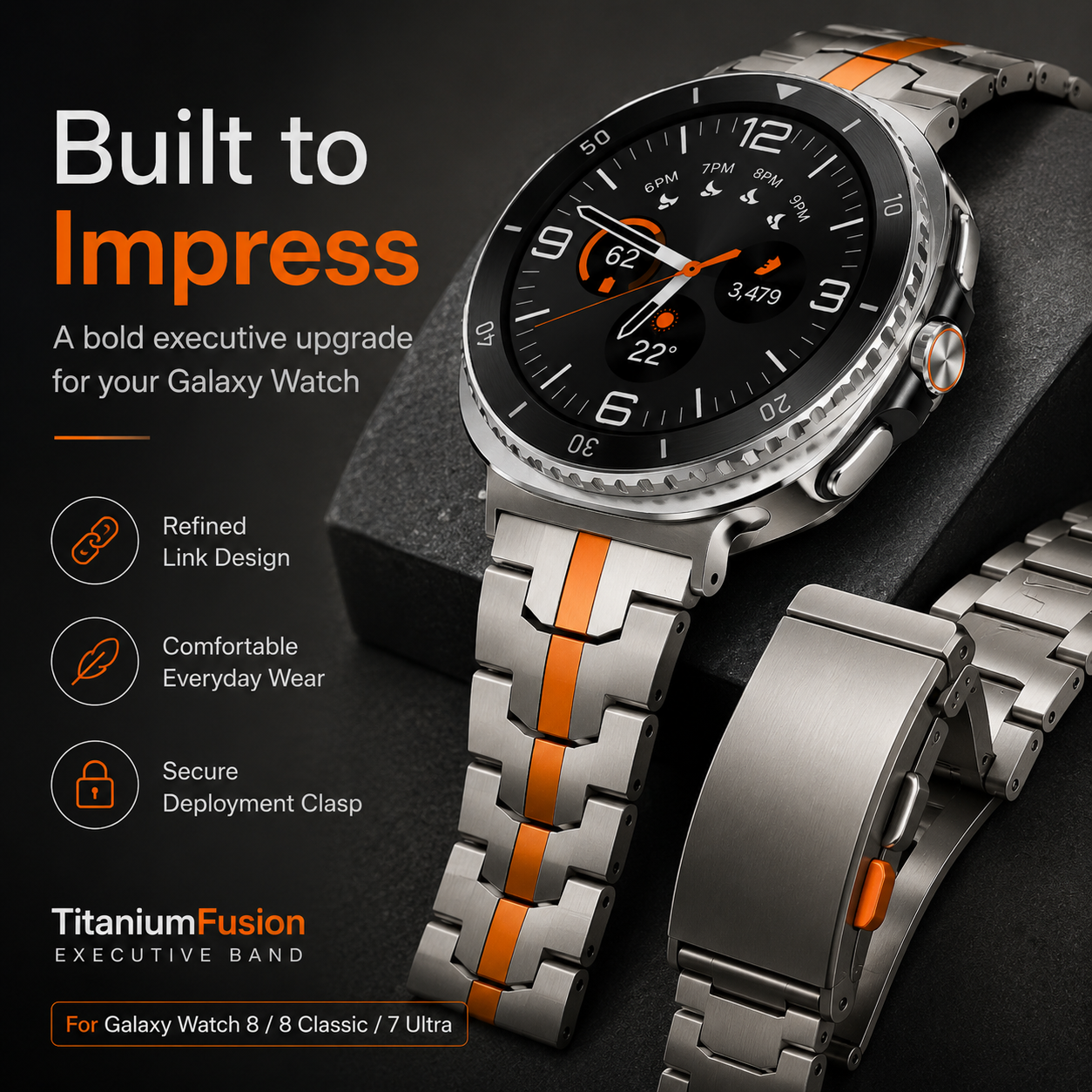 TitaniumFusion Executive Band for Galaxy Watch 8 / 8 Classic (40mm, 44mm, 46mm) 7 Ultra