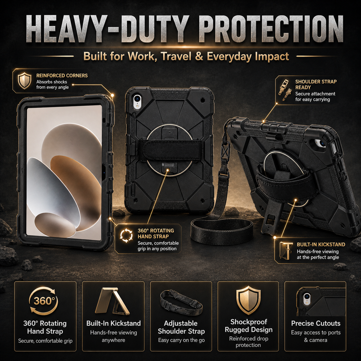 RhinoGuard Sentinel 360 Rugged iPad Case with Kickstand & Hand Strap