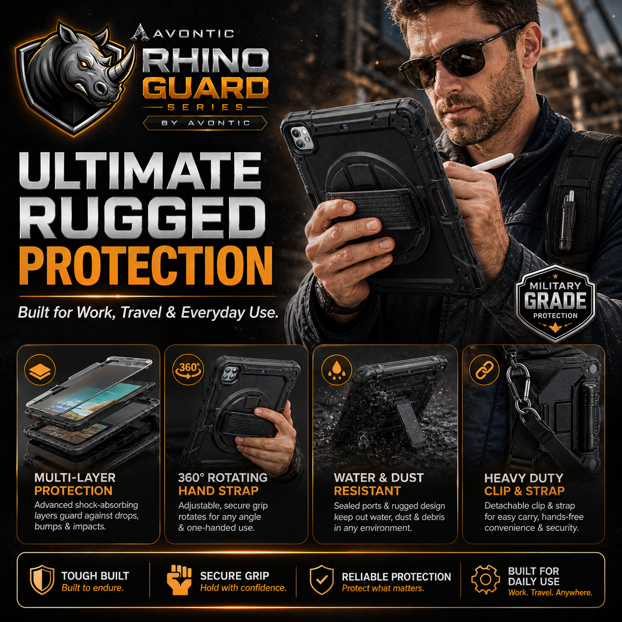RhinoGuard Pro Rugged iPad Case with Hand Strap, Shoulder Strap & Kickstand