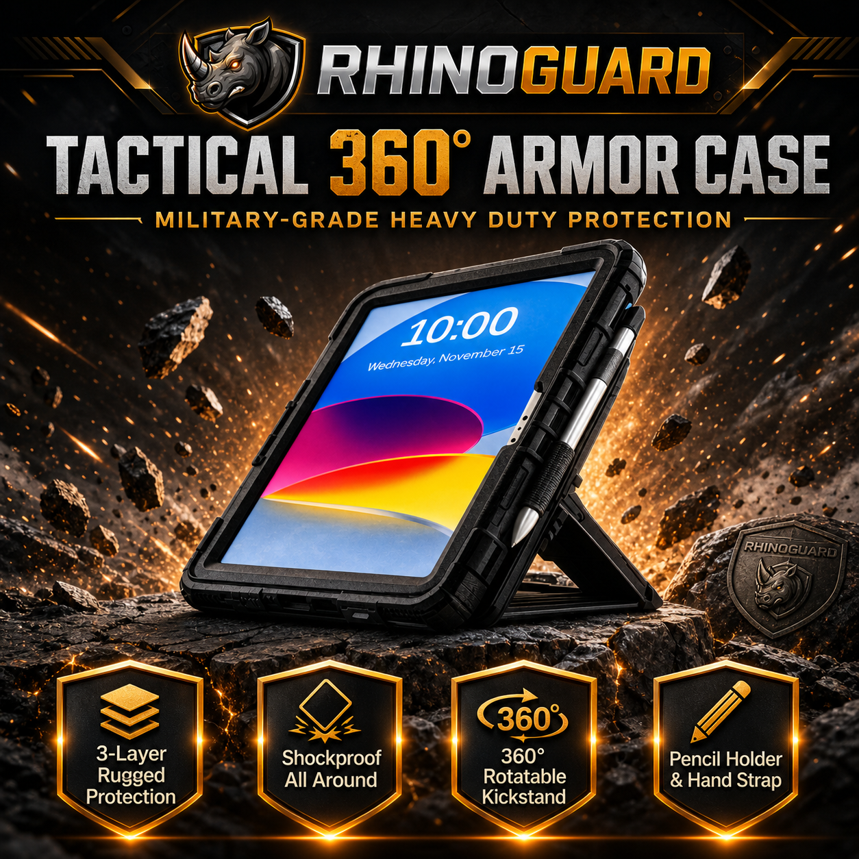 RhinoGuard Tactical 360 Heavy Duty iPad Case with Kickstand, Hand Strap & Shoulder Strap