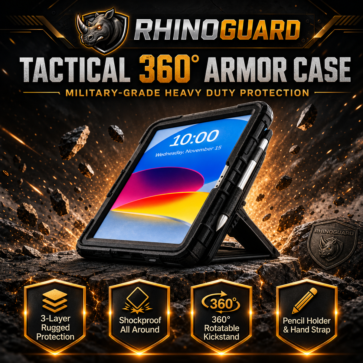 RhinoGuard iPad case with kickstand, hand strap, and shoulder strap by Avontic