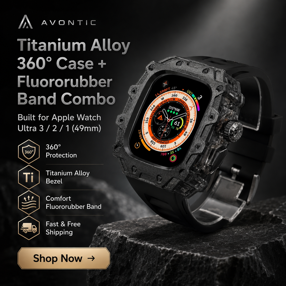 Avontic Titanium Alloy 360° Case + Fluororubber Band Combo for Apple Watch Ultra 3/2/1 (49mm)