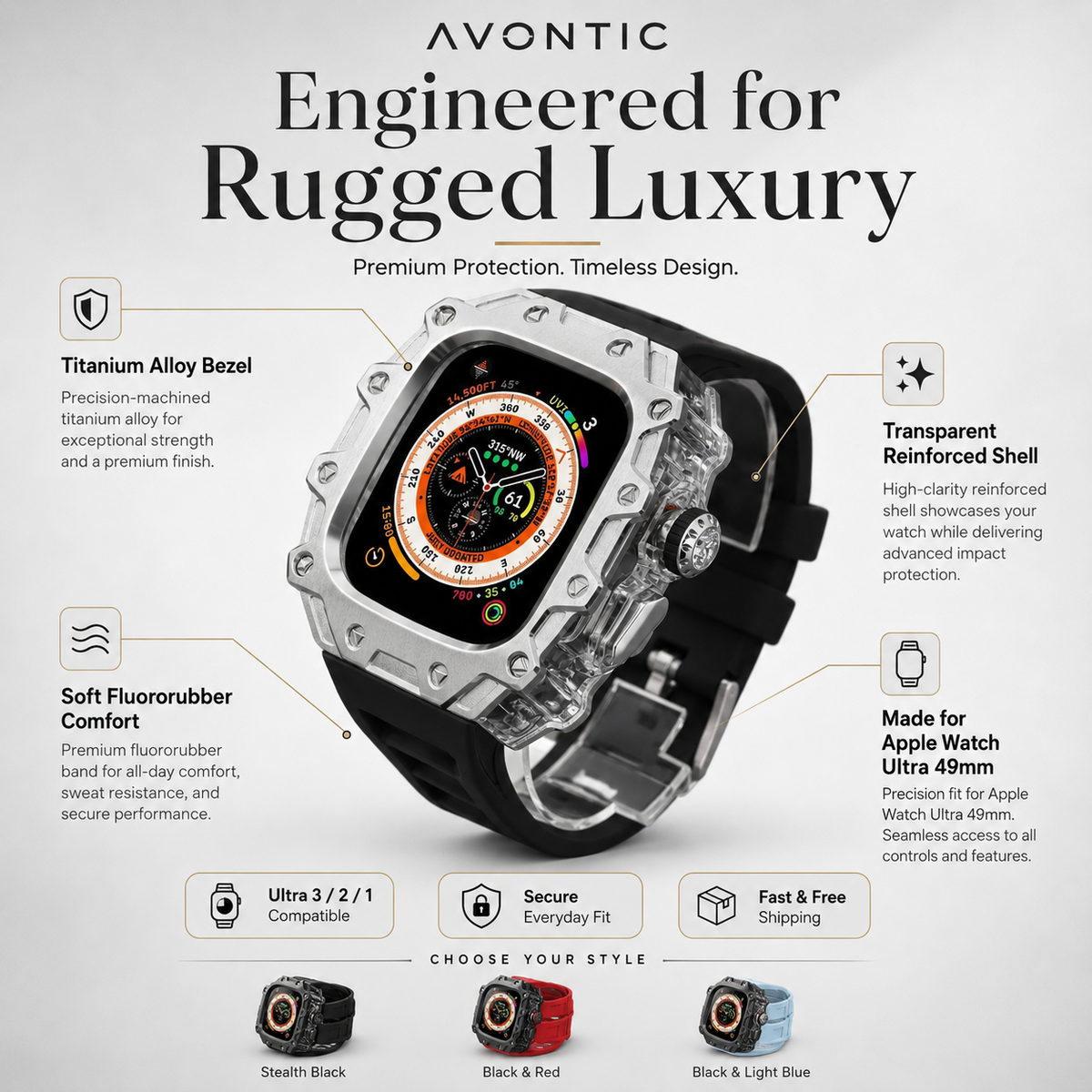 Avontic Titanium Alloy 360° Case + Fluororubber Band Combo for Apple Watch Ultra 3/2/1 (49mm)