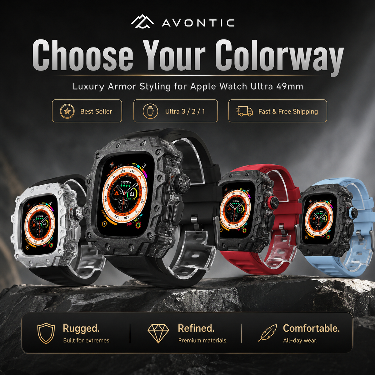 Avontic Titanium Alloy 360° Case + Fluororubber Band Combo for Apple Watch Ultra 3/2/1 (49mm)