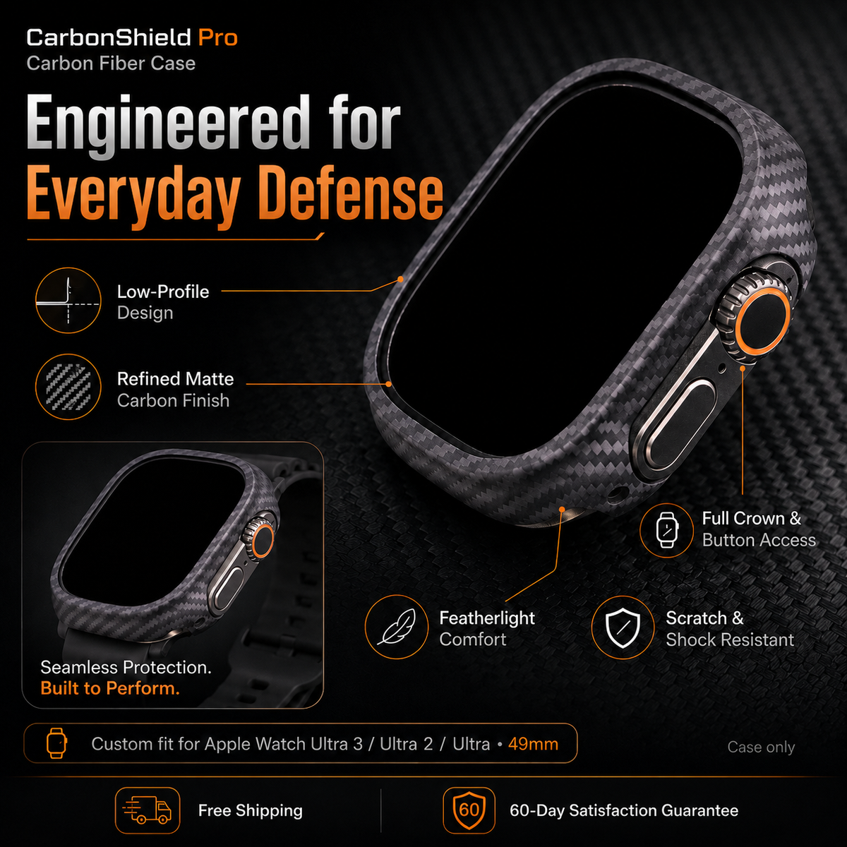 CarbonShieldPro Carbon Fiber Case for Apple Watch Ultra 4/3/2/1 (49mm) – Lightweight Scratch & Impact Resistant Protective Cover