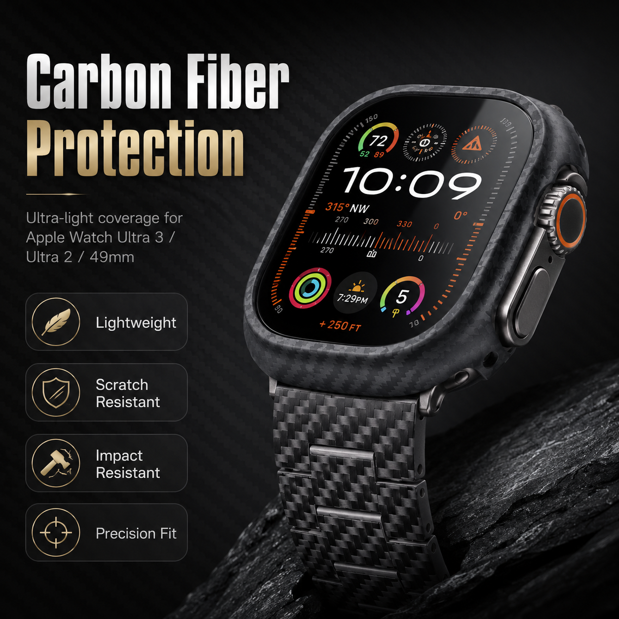 CarbonShieldPro Carbon Fiber Case for Apple Watch Ultra 3/Ultra 2/Ultra 49mm – Lightweight Scratch & Impact Resistant Protective Cover