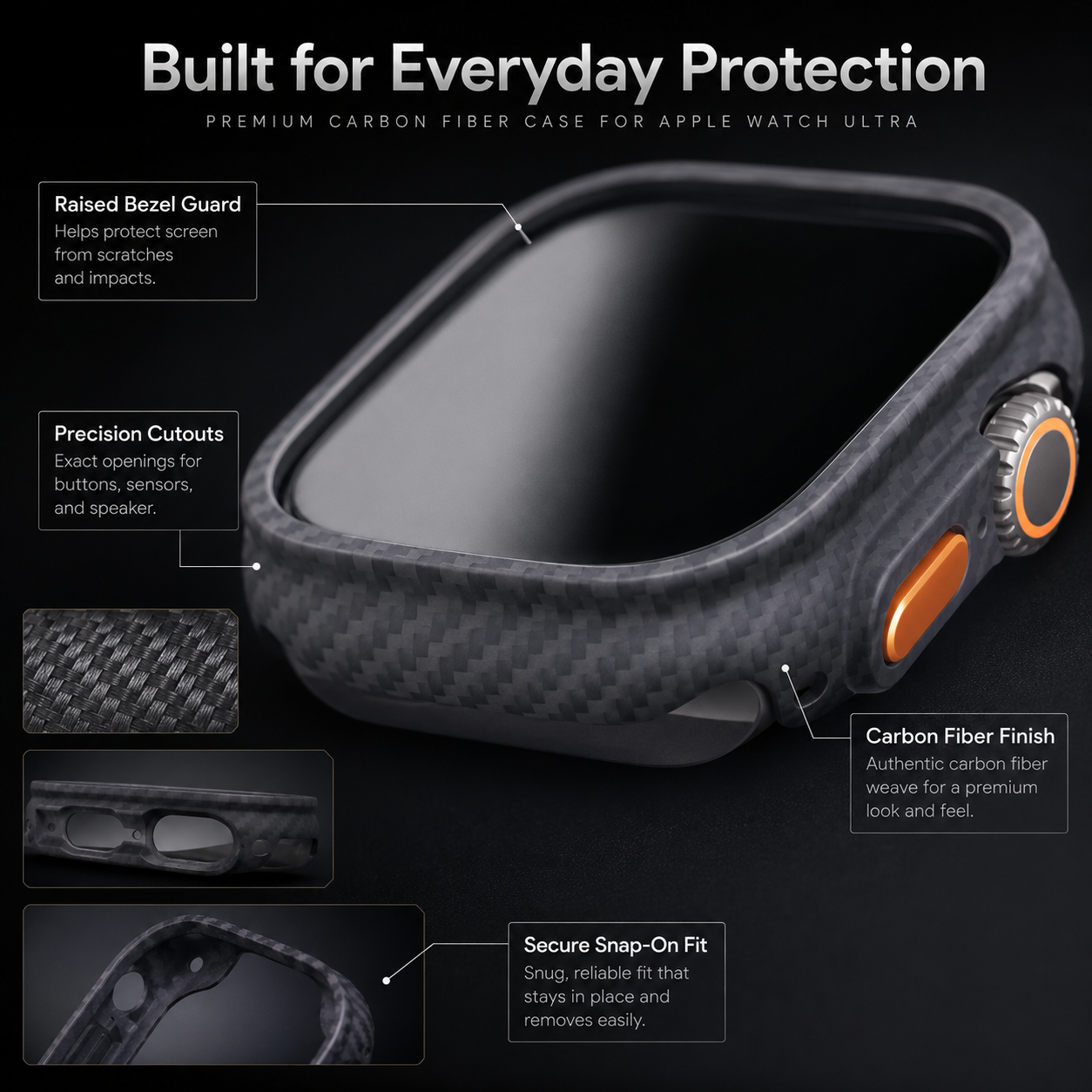 CarbonShieldPro Carbon Fiber Case for Apple Watch Ultra 3/Ultra 2/Ultra 49mm – Lightweight Scratch & Impact Resistant Protective Cover