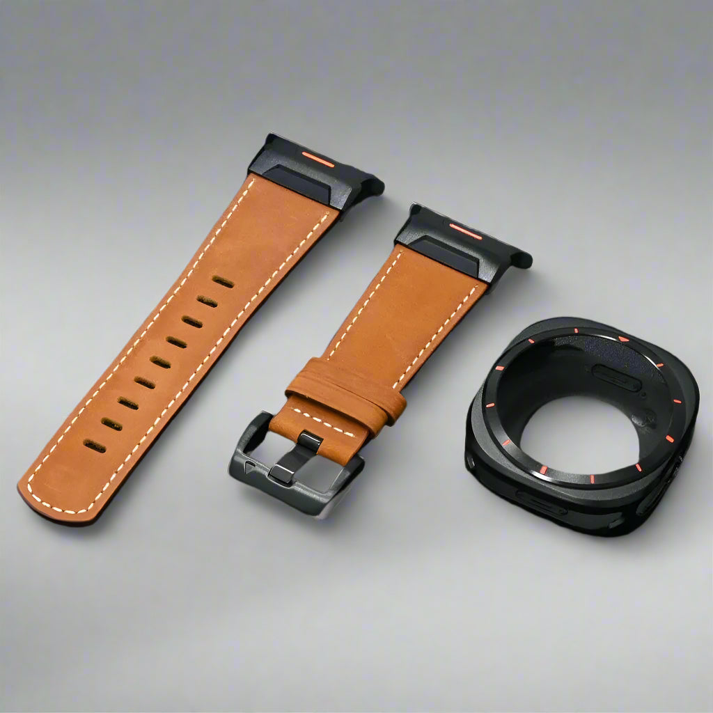 Crazy Horse Leather Strap for Samsung Galaxy Band Ultra 47mm Aluminum Alloy Case+bracelet for Galaxy Ultra Watchband Accessories Avontic
