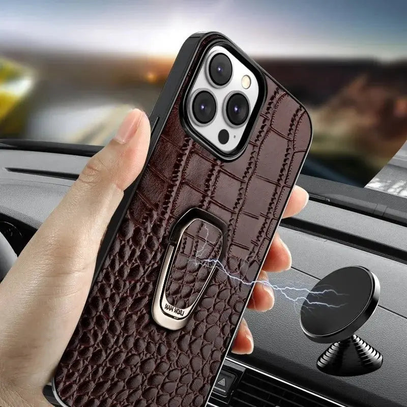 Genuine Cowhide Leather Bracket Phone Case For iPhone 15 14 13 12 11 Pro Max XR XS Max SE 2022 7 8 Plus Back Cover with Ring Avontic