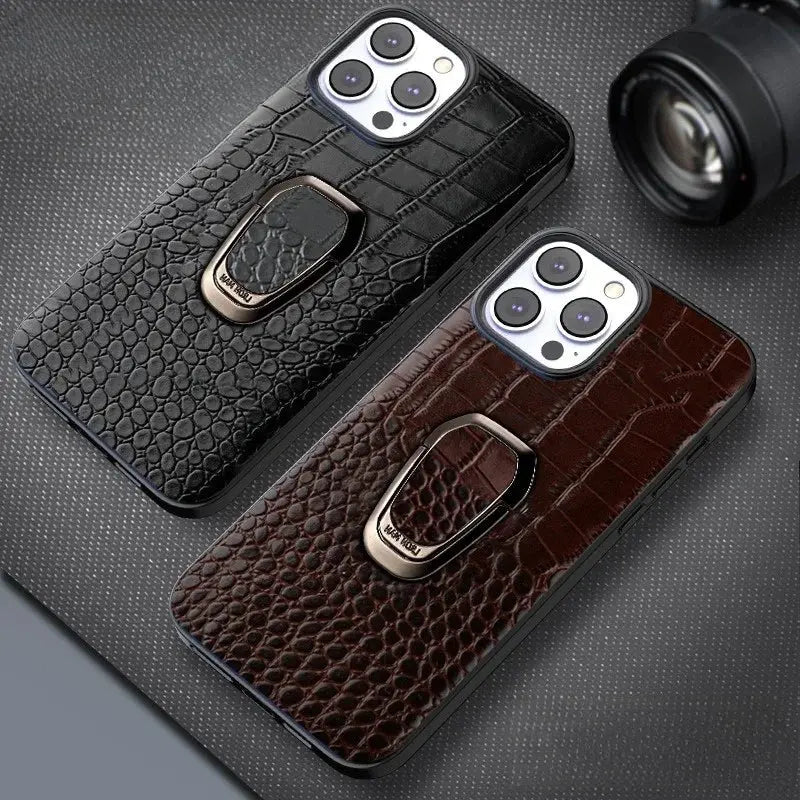 Genuine Cowhide Leather Bracket Phone Case For iPhone 15 14 13 12 11 Pro Max XR XS Max SE 2022 7 8 Plus Back Cover with Ring Avontic